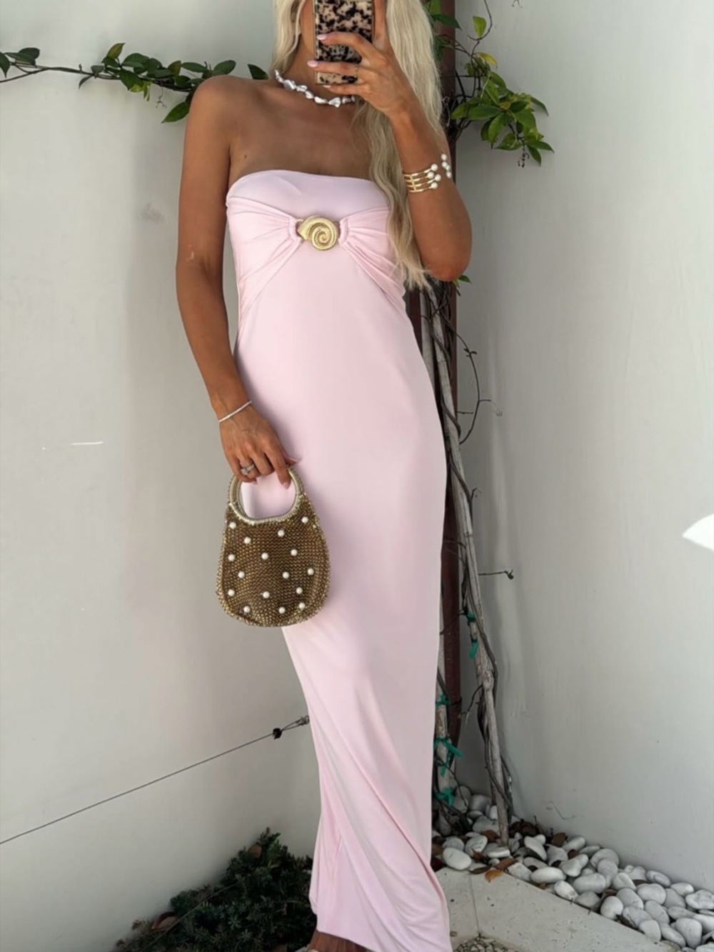 Strapless Light Pink Maxi Dress with shell accent